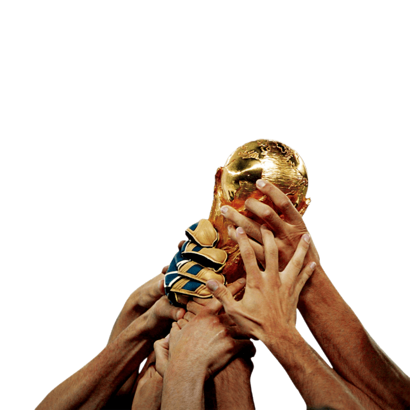 Players' hands holding the FIFA World Cup trophy aloft